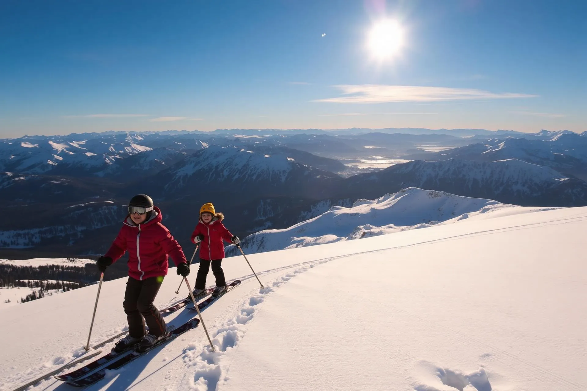 Familie på ski på Rauland med utsikt over Telemark